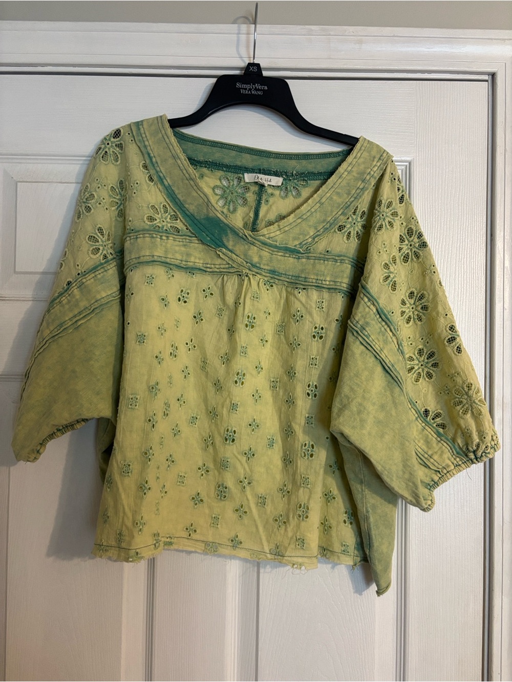 Oli & Hali Boho Embroidered Green mineral washed  eyelet lace V-Neck Top Medium